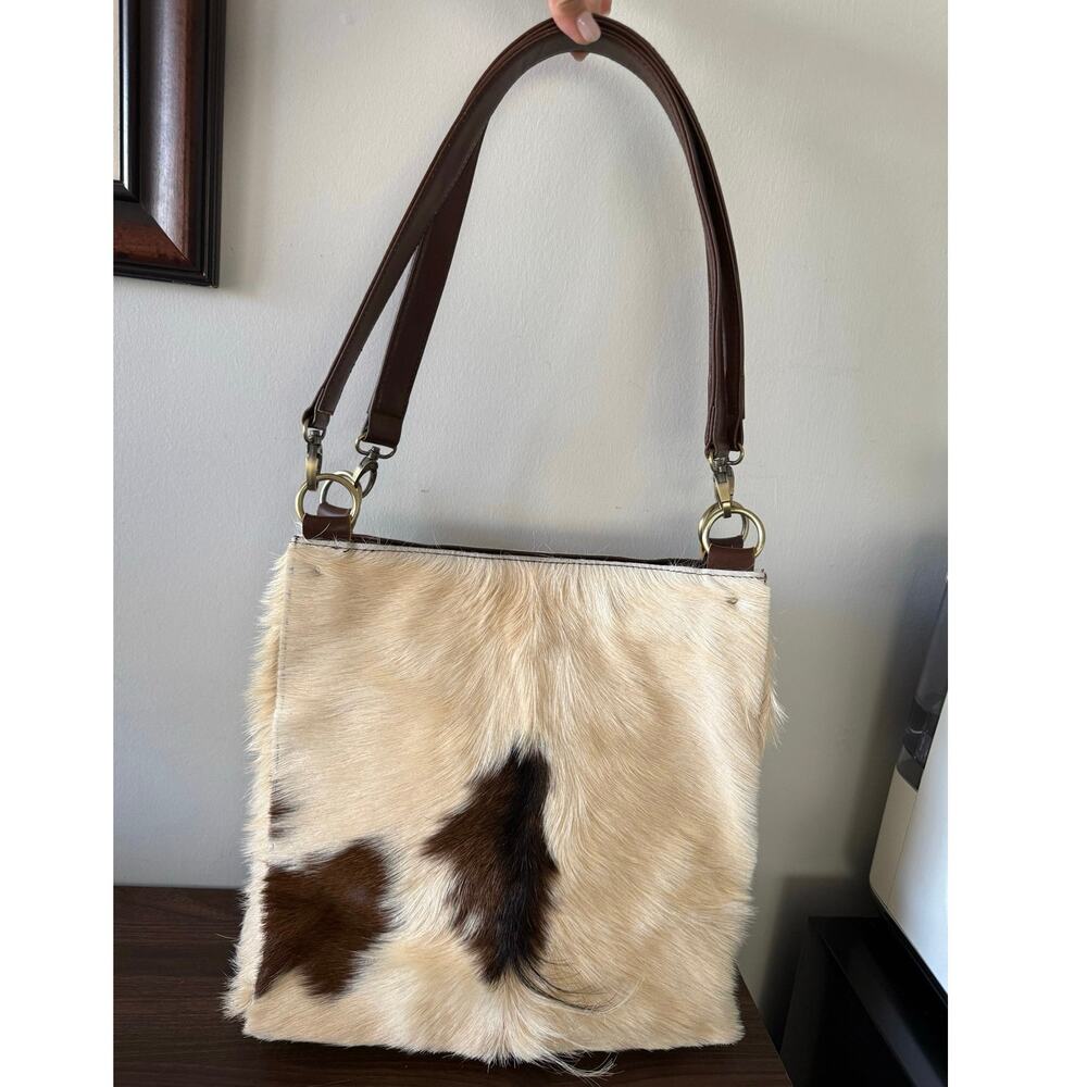Miow Bali Large Cream and Brown Handcrafted Cowhide Shoulder Tote Bag